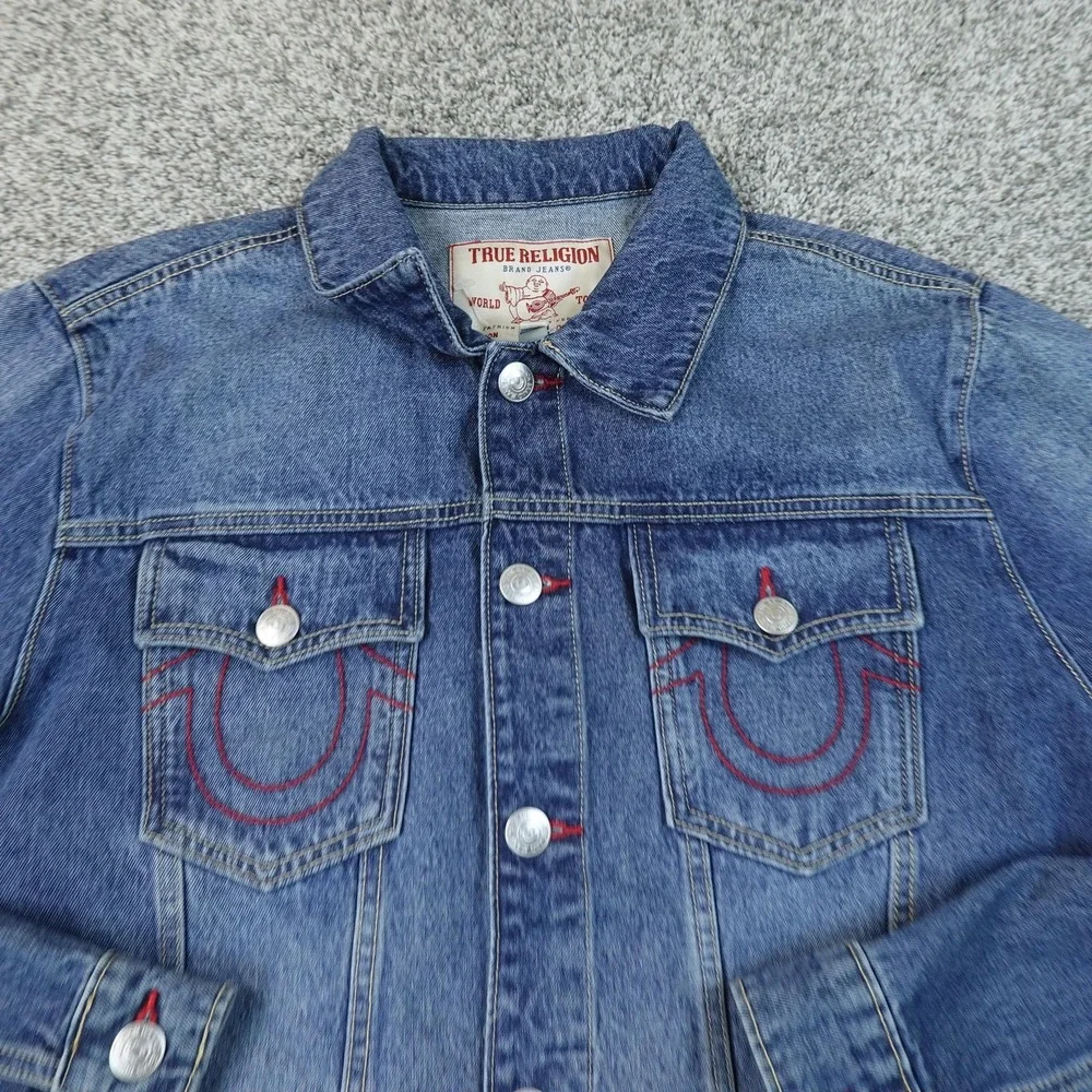 NEW True Religion Jacket Mens L Blue Denim Jean Coat Type 3 Trucker Horseshoe
